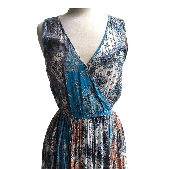 VICI Womens M Blue Gray Boho Maxi Dress Surplice Neck Elastic Waist Front Slits - Picture 2 of 8